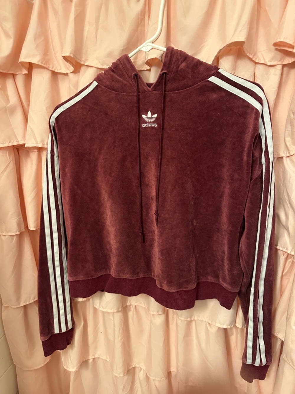 adidas maroon velour cropped hoodie with white logo tag
